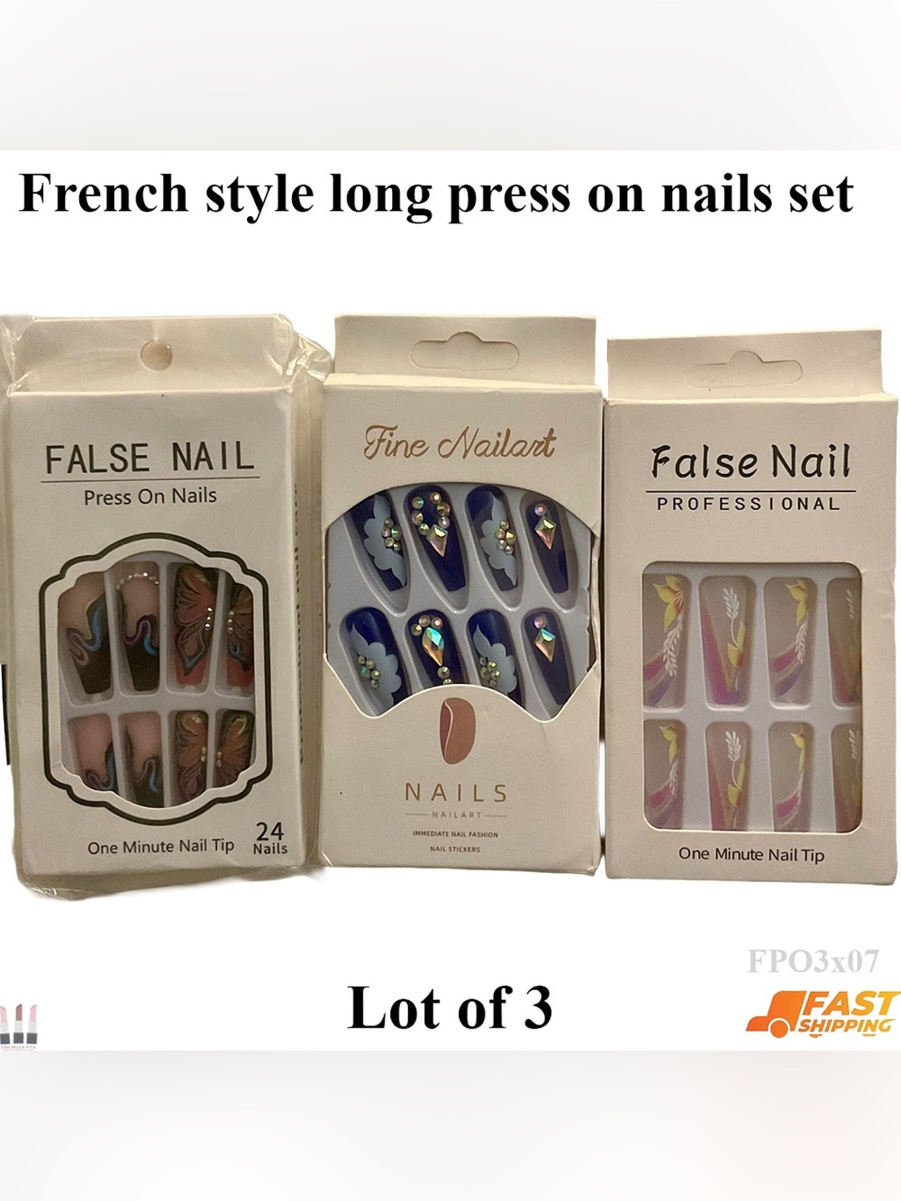 French style long press on nails set lot of 3